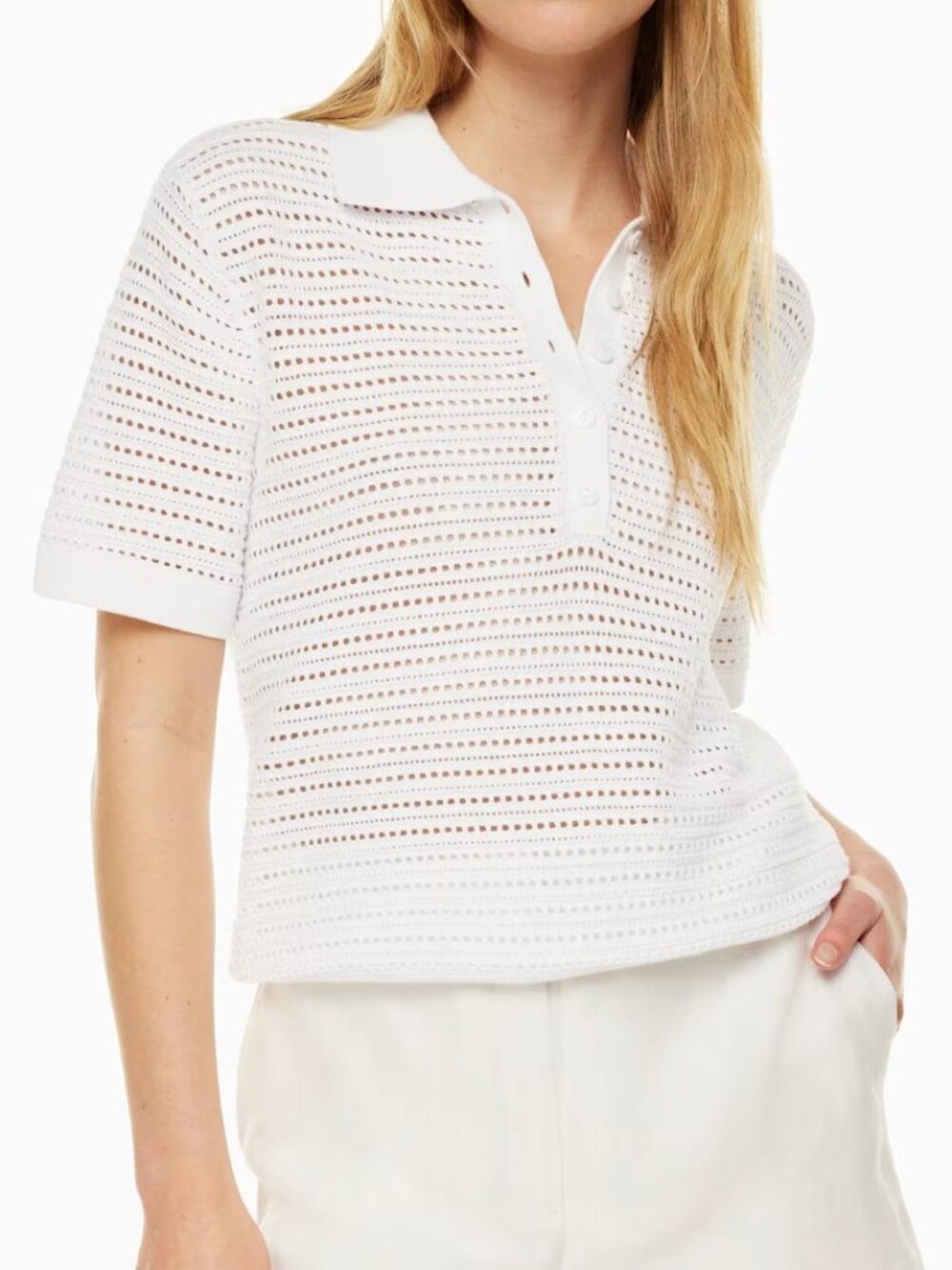 Aritzia Babaton Composure Sweater White Crocheted Polo Shirt Sz S